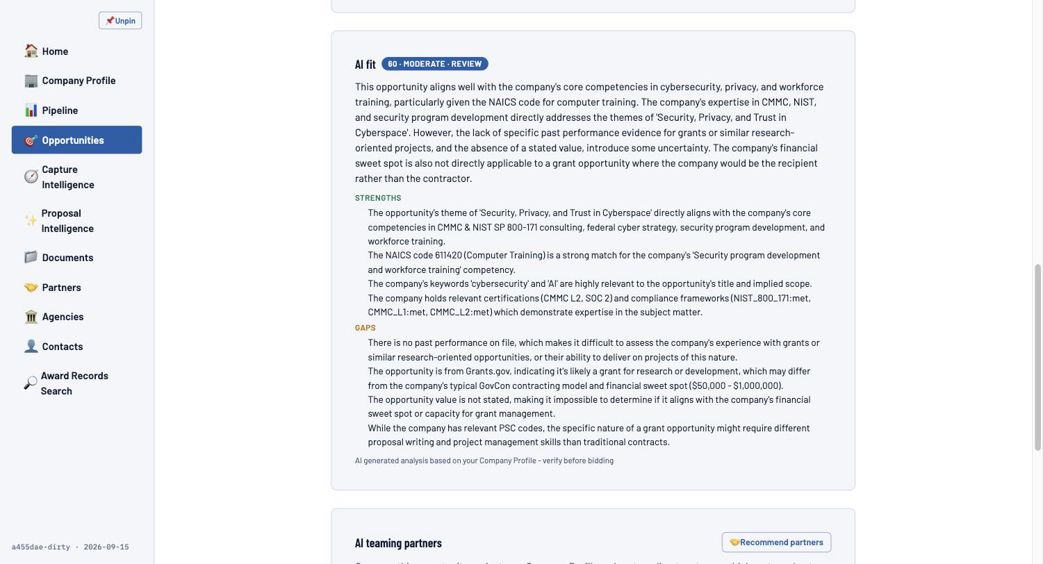 Fit score detail for one federal opportunity listing strengths and gaps against past performance