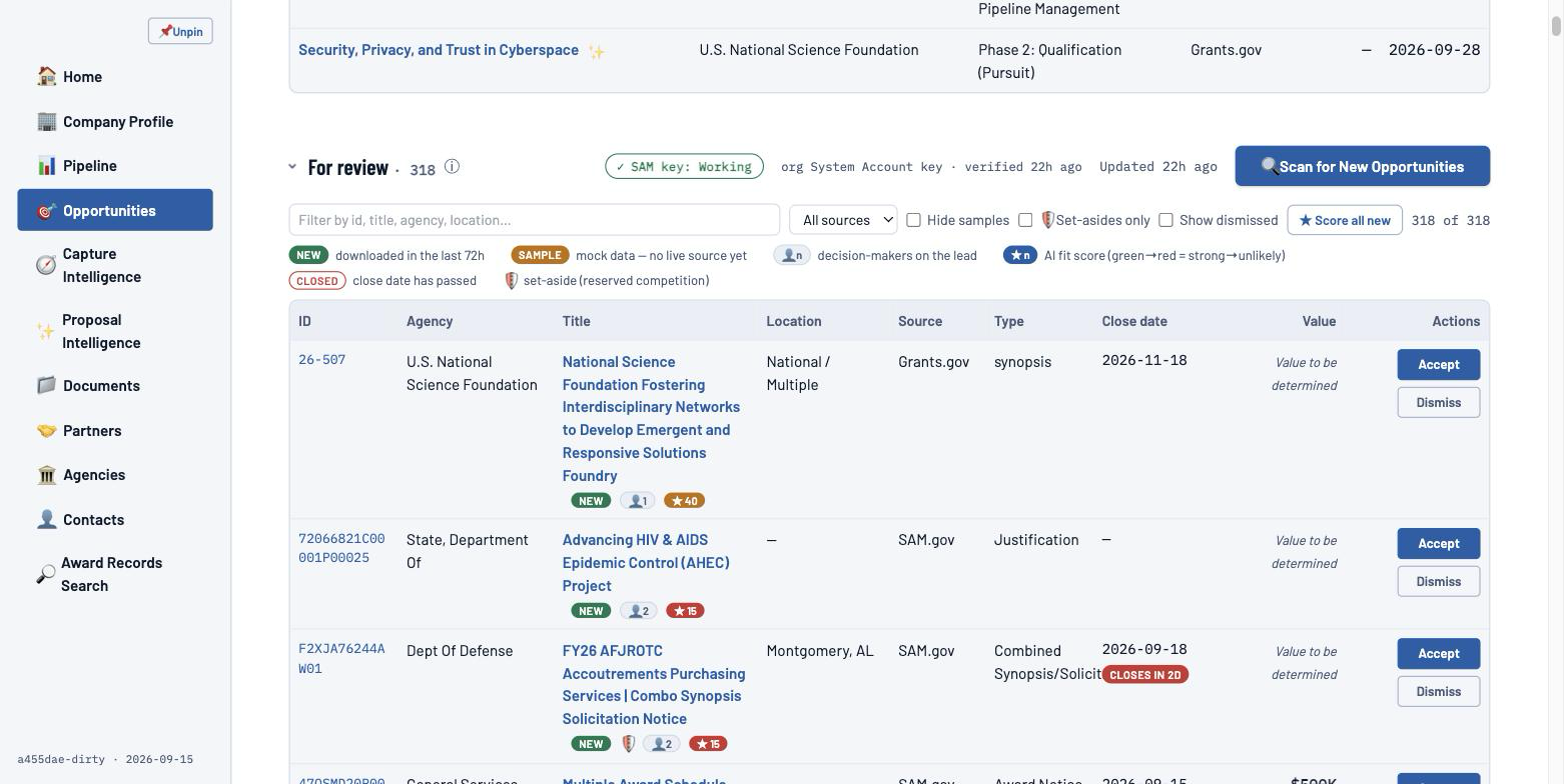 Noble Capture opportunities list showing government contract opportunities ranked by AI fit score