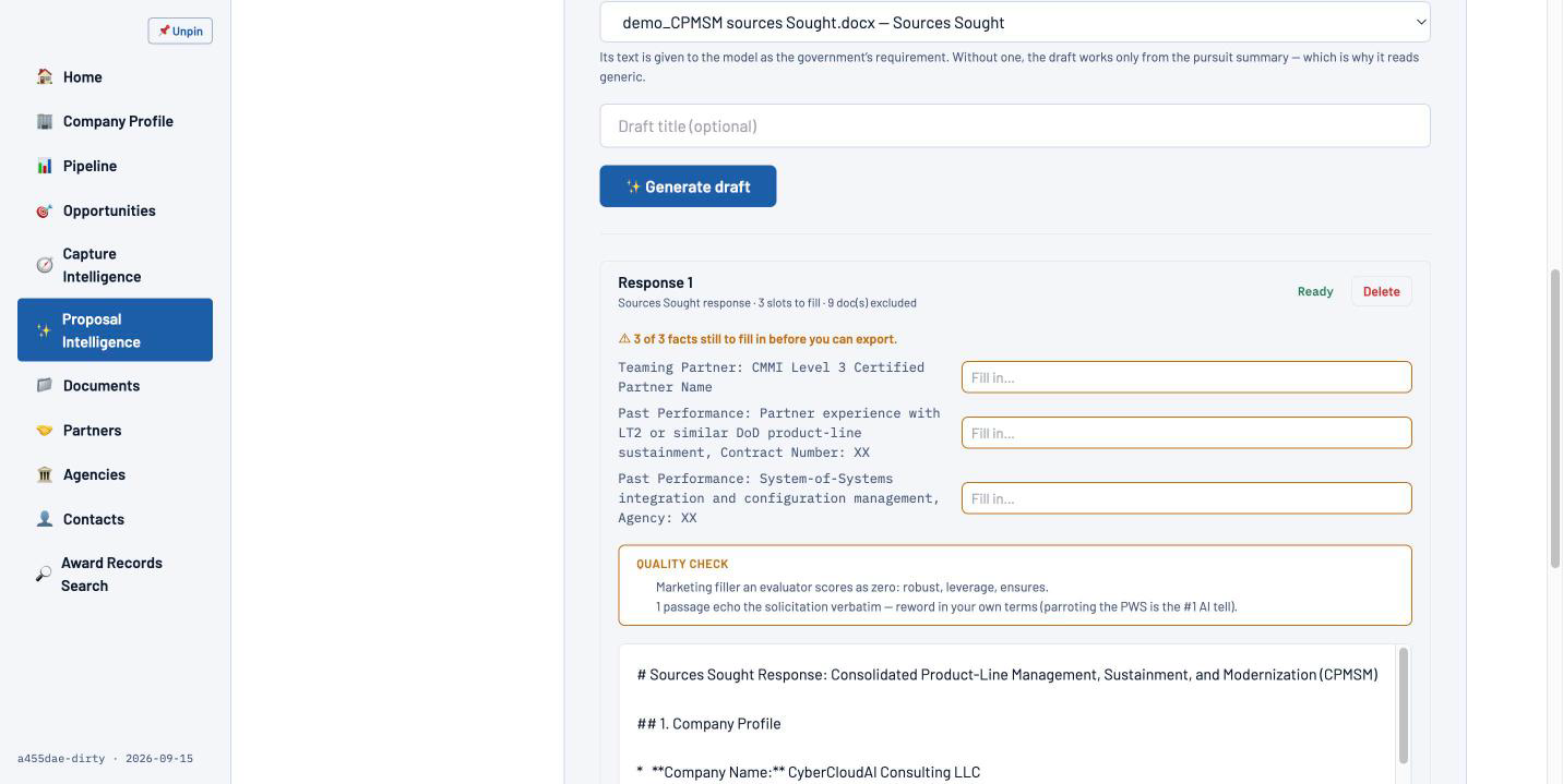 Sources Sought response draft with labeled placeholders where specific numbers are needed