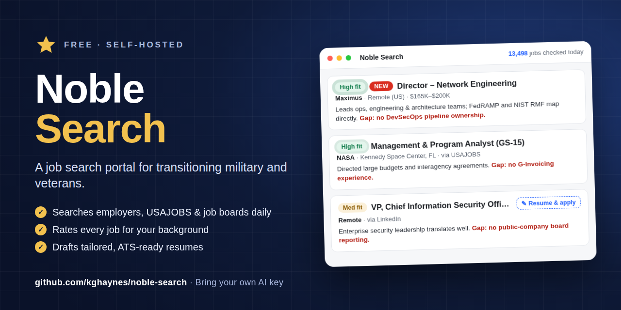 Noble Search, a free self-hosted job search portal for transitioning military and veterans, showing rated jobs